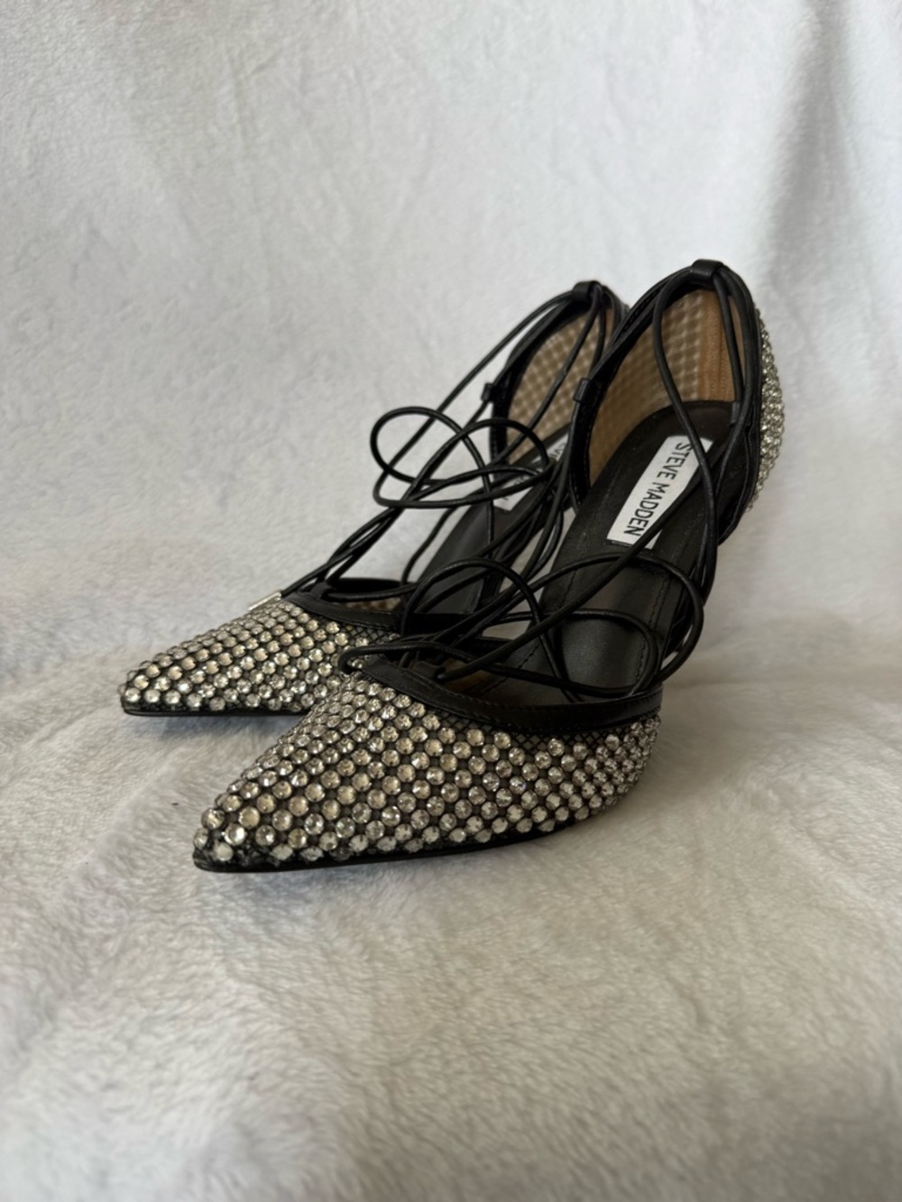 Steve Madden Vanity Mesh Crystal Embellished Black Lace-Up Stiletto Pump - Picture 7 of 12